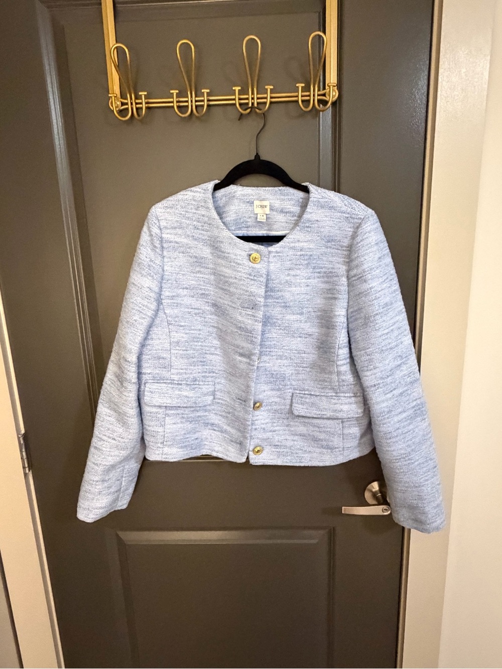 J. Crew Pale Blue Collarless Tweed Blazer